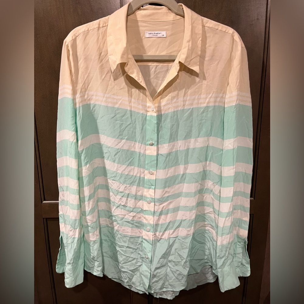 Equipment Classic Silk Blouse sz L Work Shirt in Summer Tan & Mint Green…